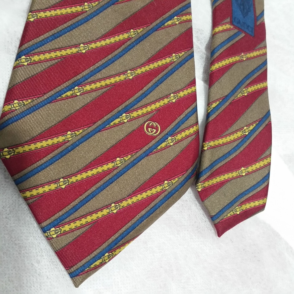 GUCCI MEN'S FANCY RED/BROWN STRIPED TIE - Picture 2 of 8